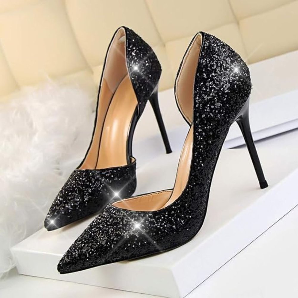 NEW Sparkling Bling Silver Glitter Cinderella Shoes Wedding Stiletto Pum…